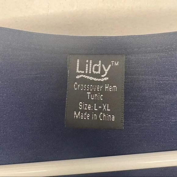 Liddy Crossover Hem Tunic Blouse Navy Blue Jersey L-XL Stretchy - Picture 4 of 6